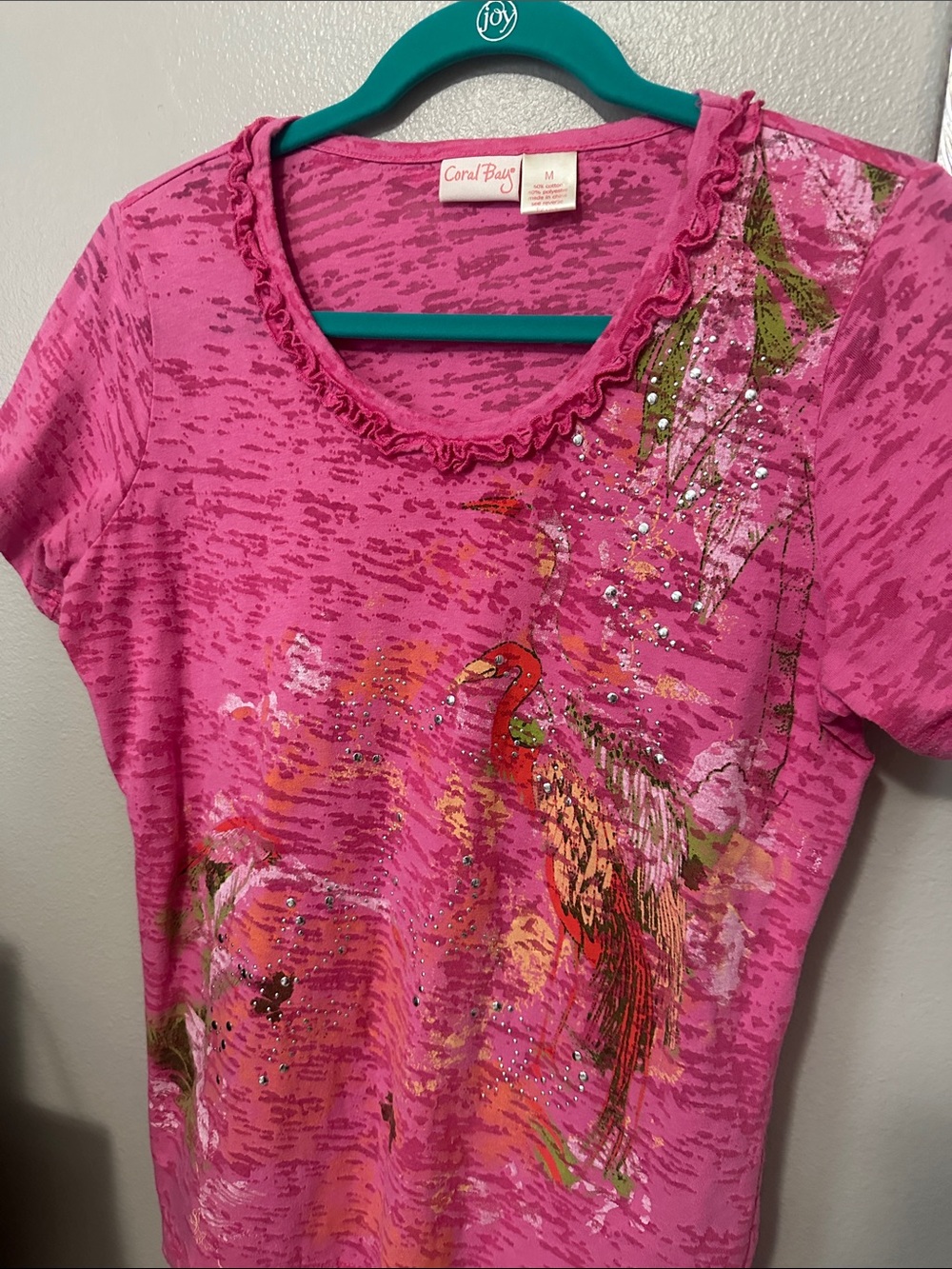 Coral Bay Pink Short-Sleeve Ruffled Scoop Neck Top with Embellished Bird Print